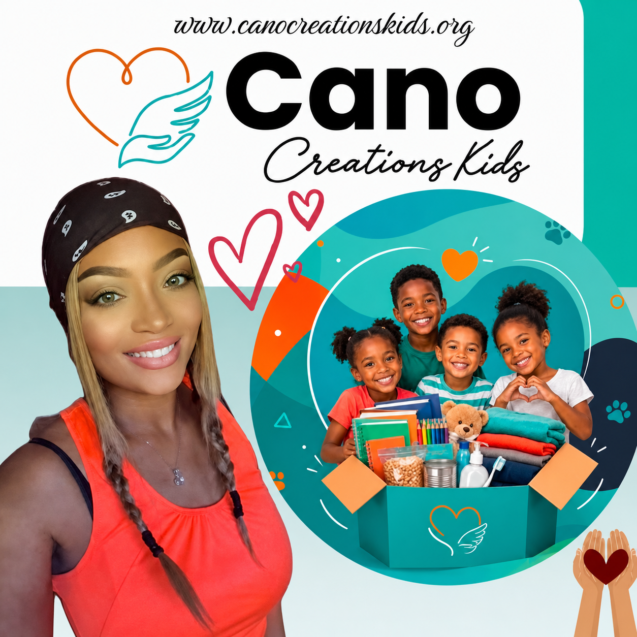 Cano Creations Kids brand poster — founder alongside four children with a supply box